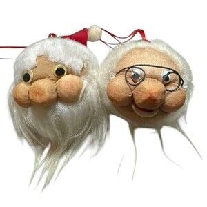 Vintage Handmade Christmas Ornaments Santa & Mrs. Claus Heads Pantyhose Foam 70s